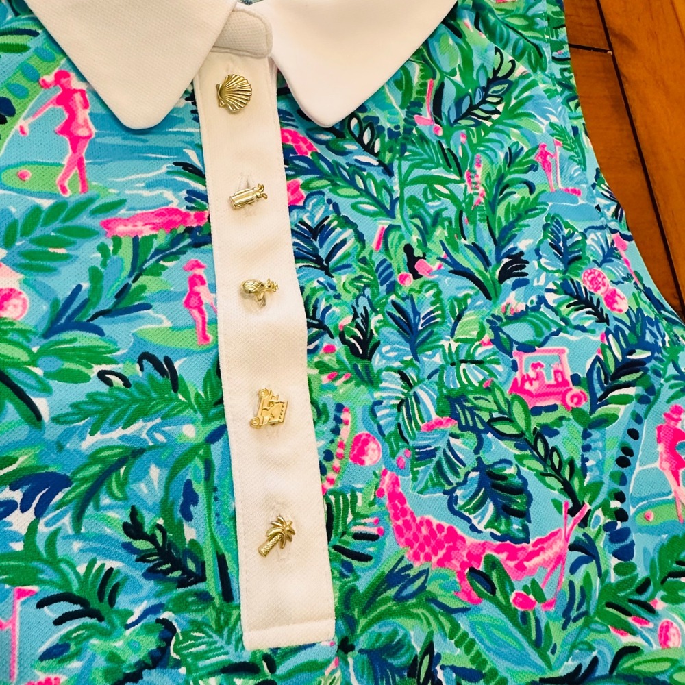 Lilly Pulitzer Luxletic Sleeveless Golf Polo Top Blue Green Tropical Print XL - Picture 4 of 10